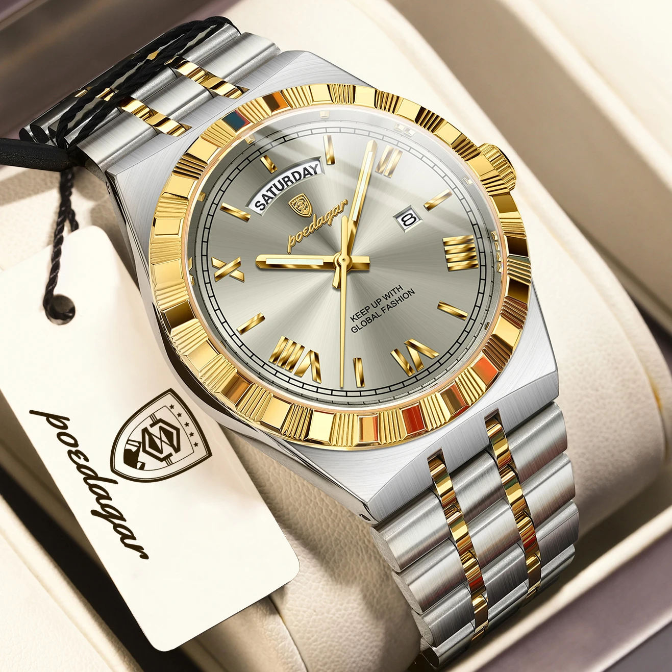 POEDAGAR, reloj de negocios a la moda para hombre, luminoso, resistente al agua, fecha semanal, reloj de pulsera de lujo para hombre, relojes de cuarzo de acero inoxidable para hombre