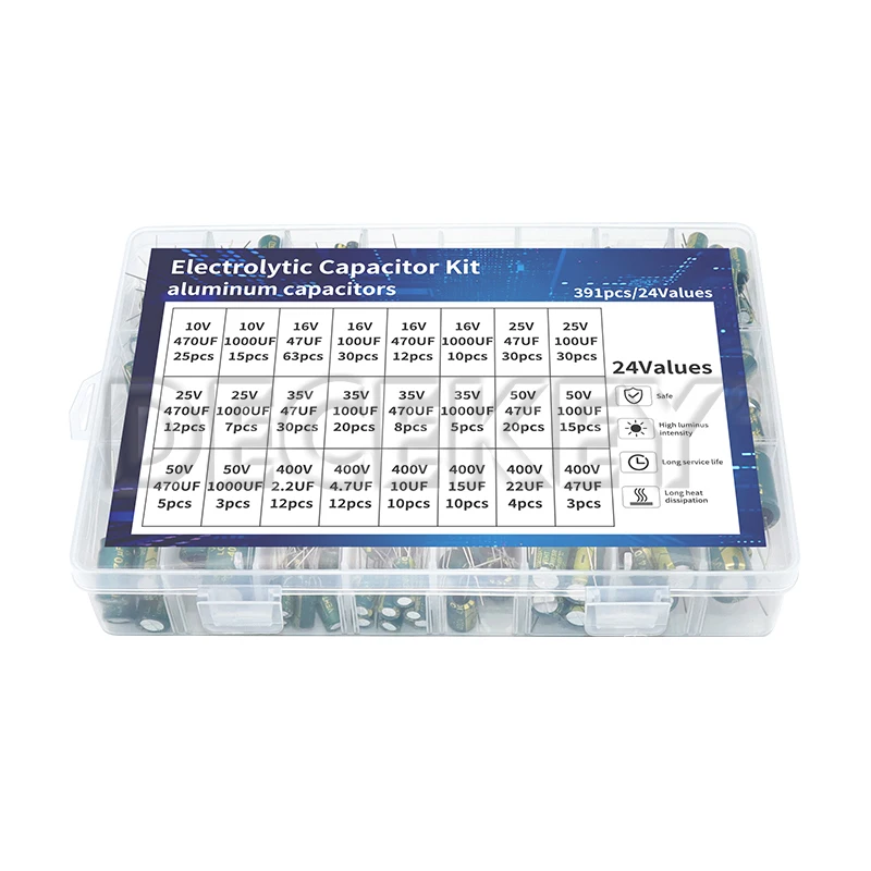 Kit de condensadores electrolíticos de alta frecuencia, 391 Uds., 24 valores, 10V, 16V, 25V, 35V, 50V, 400V para TV, Monitor LCD, juego