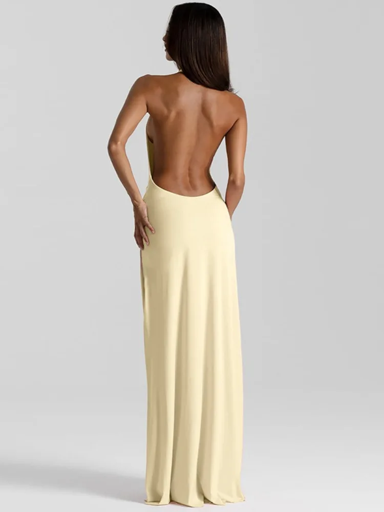 Mozision Halter escote en V profundo espalda descubierta Sexy Maxi vestido de mujer moda Irregular sin mangas muslo alto Split Club vestidos de fiesta
