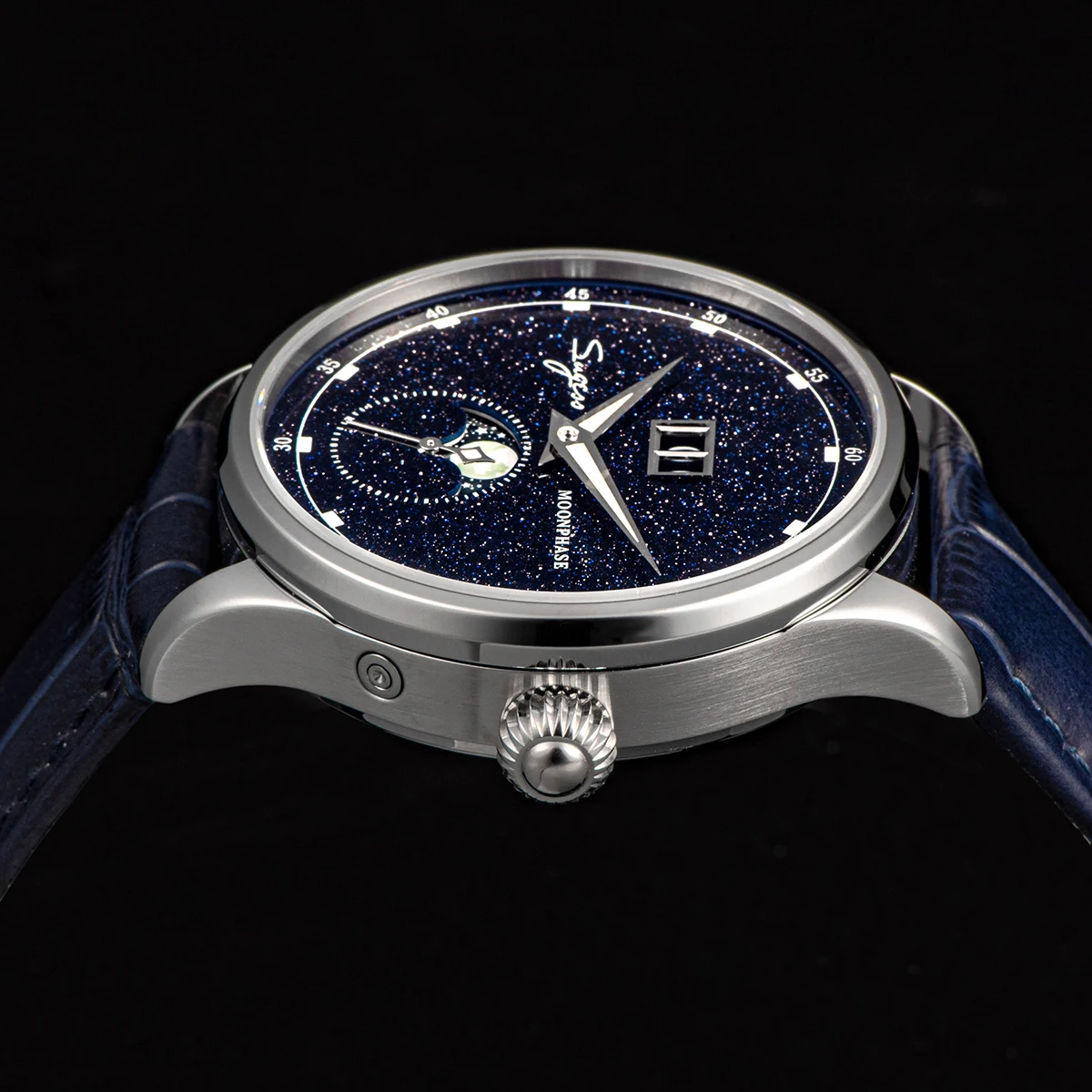 Reloj Sugess Moonphase para hombre, relojes de pulsera mecánicos automáticos de 40mm, movimiento de origen ST2528, esferas de arenisca azul de acero inoxidable