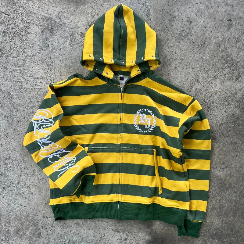 Y2K Street Kid Sudadera con capucha con cremallera raya remache bordado patrón sudadera nuevos hombres Hip Hop moda ropa de calle Unisex ropa Boxy