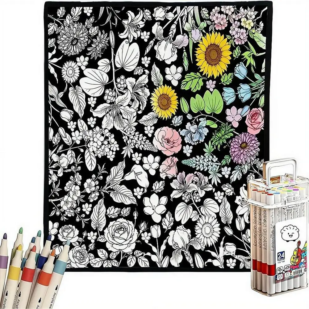 Manta para colorear DIY con 24 marcadores acrílicos de colores, diseño floral, manta de tela para pintar, para decoración de sofá, dormitorio, regalo.