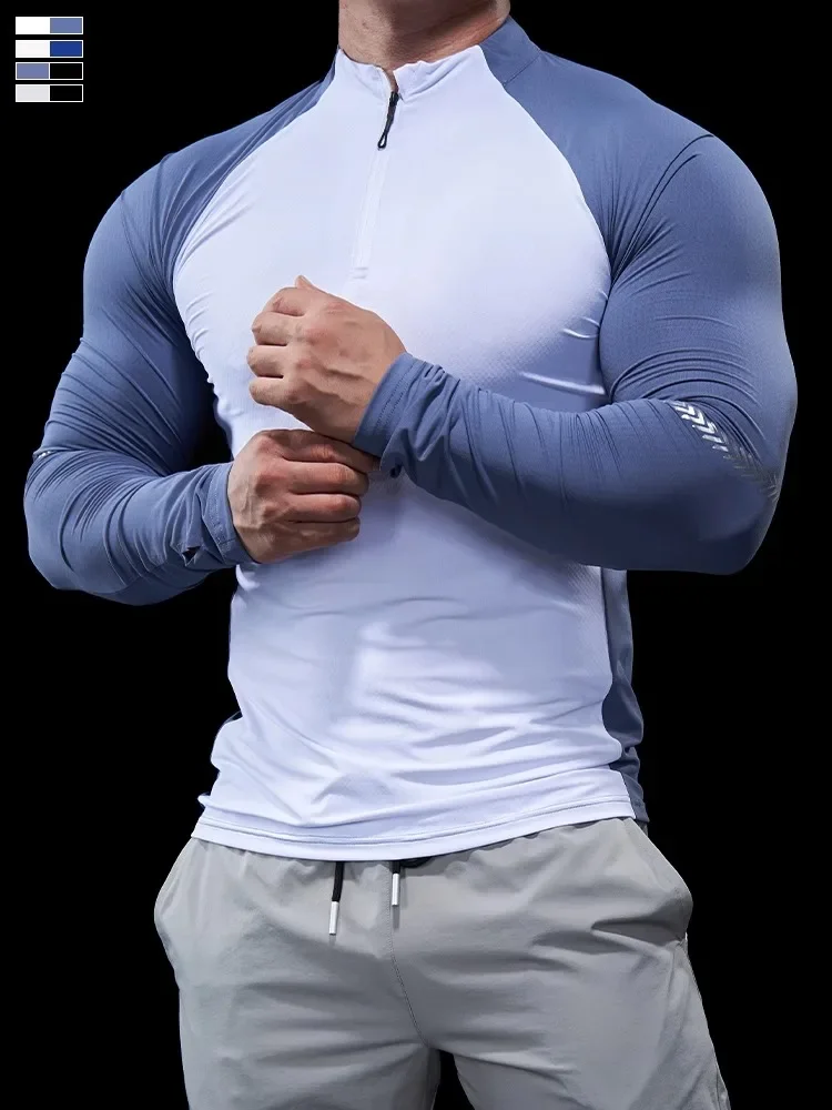 Medias de Otoño Invierno para hombre, ropa de Fitness, camisas POLO, ropa para correr con media cremallera, ropa deportiva elástica de secado rápido de manga larga fina