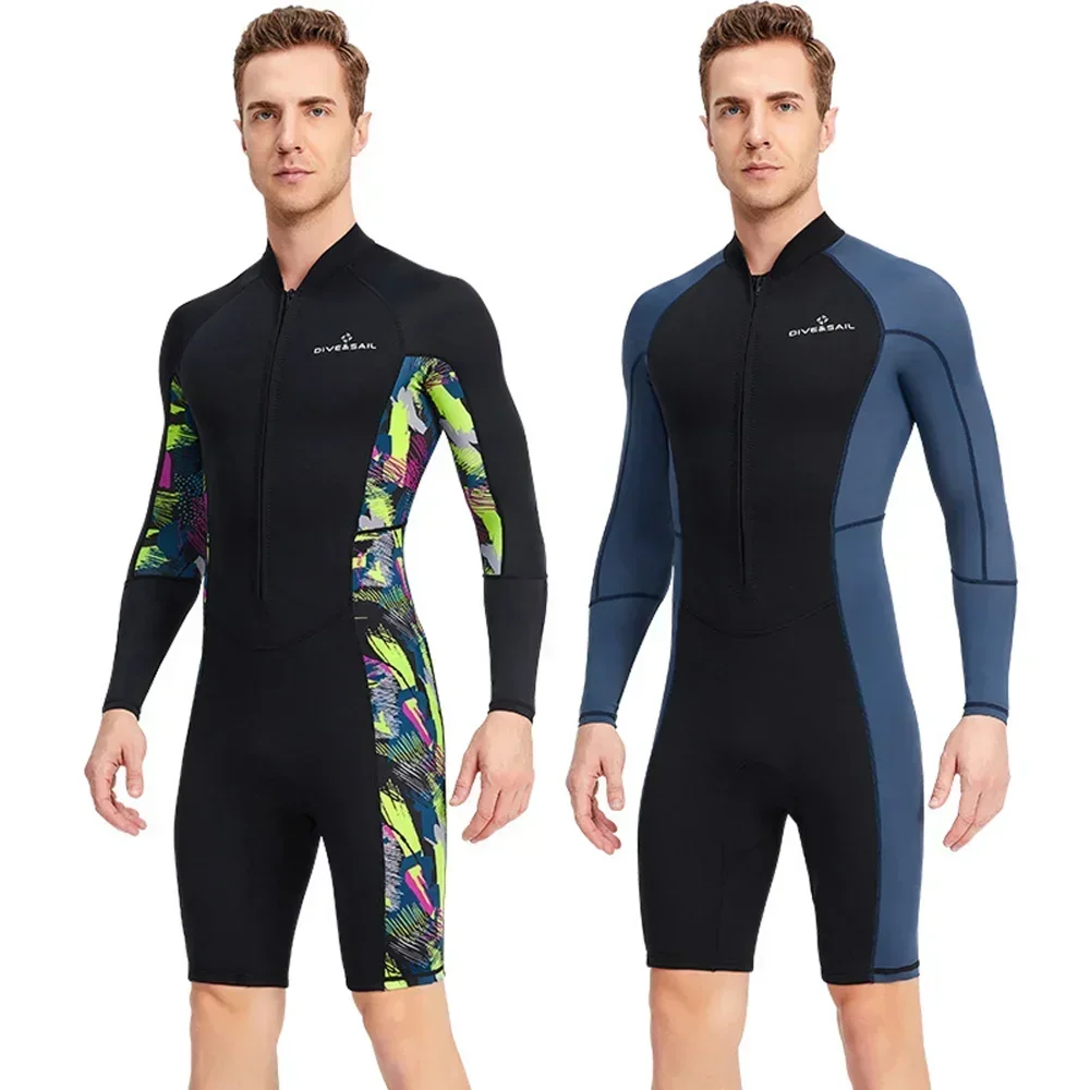 Traje de neopreno corto de 1,5mm para hombre, traje de buceo de manga larga de Lycra con cremallera frontal a prueba de rayos UV para snorkel subacuático, natación y surf