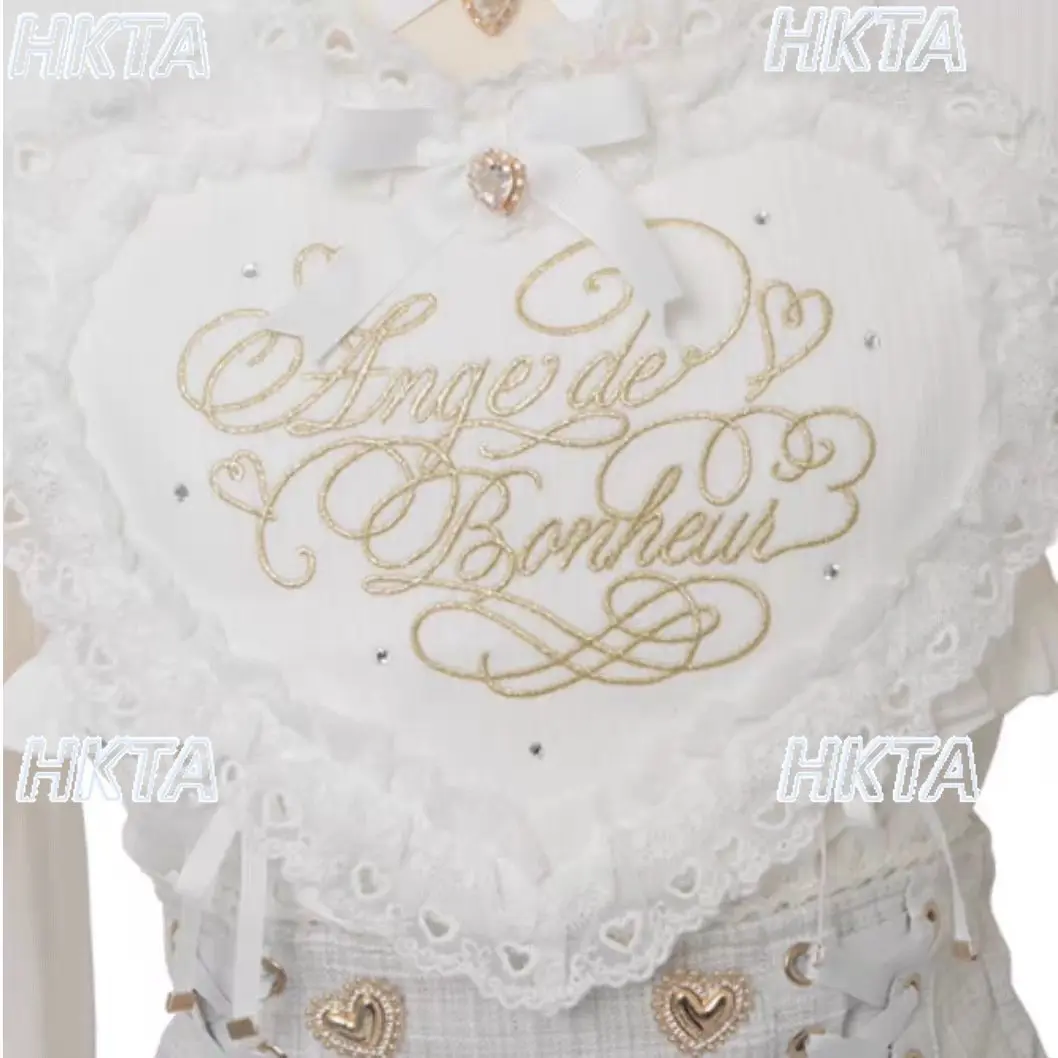 Camisas Lolita Japonesas Nuevas, Dulces y Lindas, Color Rosa Blanco, para Mujer, Estilo Kawaii, con Encaje, Corazón Grande, Tirantes Cruzados, Mangas Largas, Blusas, Camiseta Liz