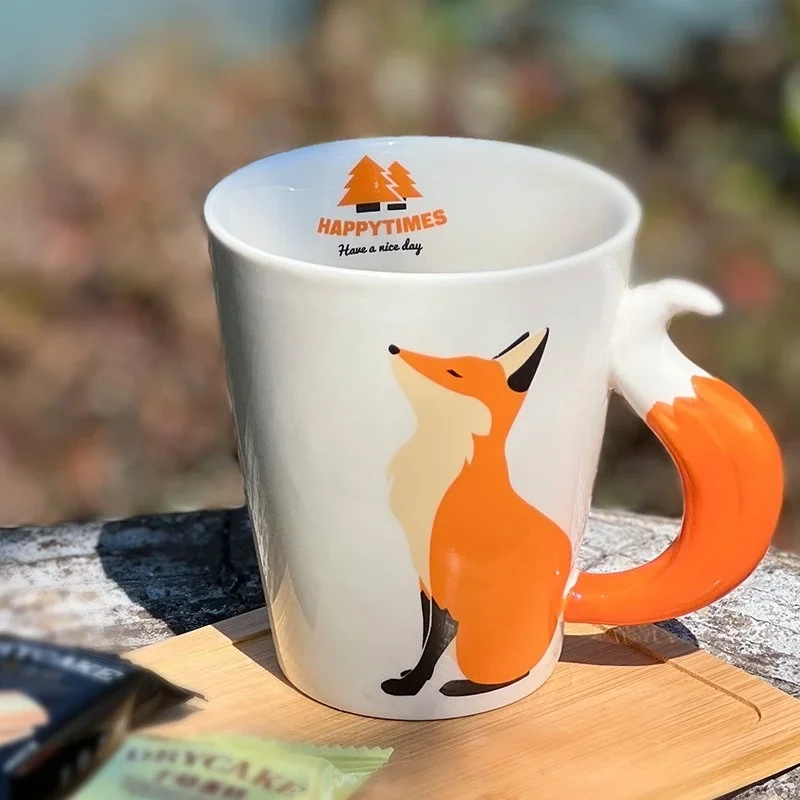Tazas de cerámica de zorro 3D de 360ML, tazas de café con patrón de animales de dibujos animados, té de la tarde, Taza de leche antiescaldado, taza de regalos para niños para el hogar y la Oficina