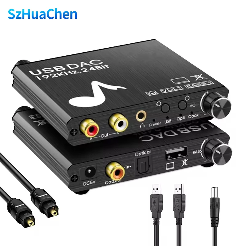USB DAC 192kHz 24Bit Convertidor digital a analógico con control de graves y volumen Coaxial Toslink Estéreo L/R RCA