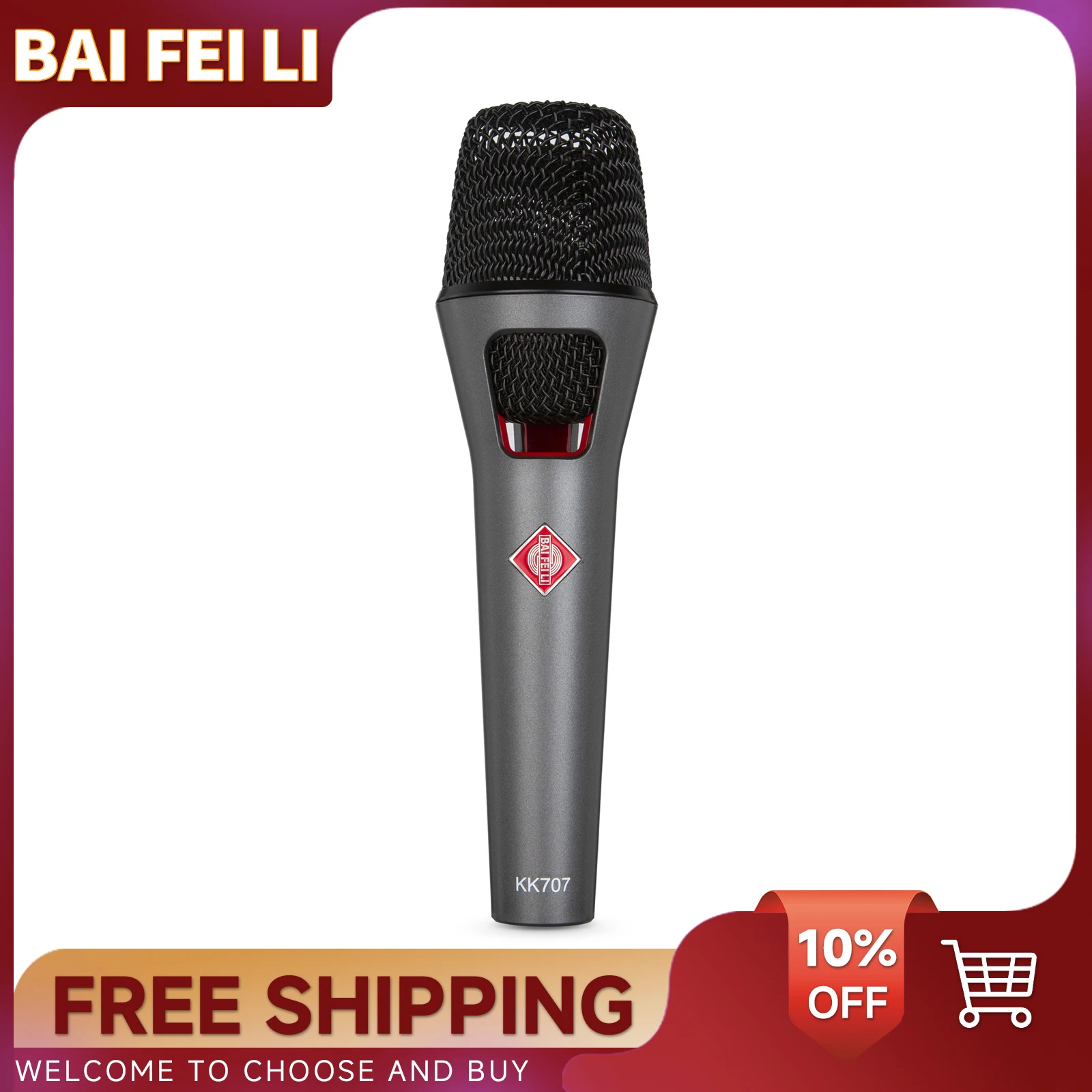 BAIFEILI-micrófono condensador de mano con cable cardioide KK707, con diafragma grande de 34mm para altavoz, canto de Karaoke, amplificador y mezclador