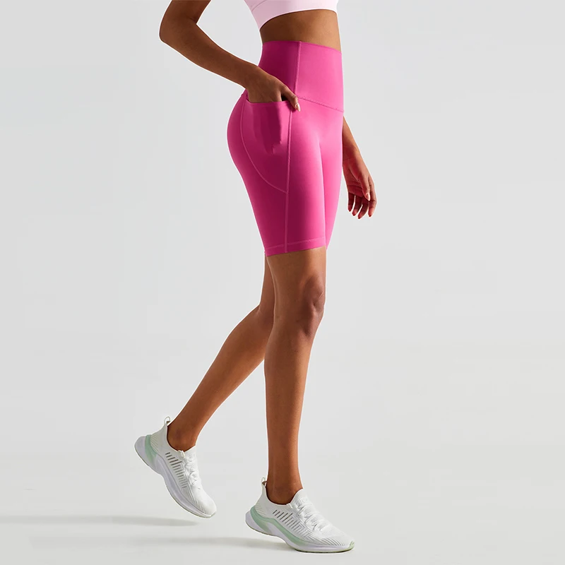 Pantalones cortos deportivos de yoga para mujer, con bolsillo, ideales para el gimnasio y actividades físicas, pantalones cortos de ciclismo para mujer, cintura alta, transpirables, sin costuras frontales, diseño que realza la figura.