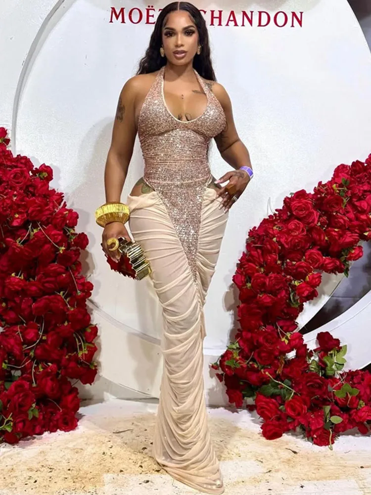 Vestido Maxi de Fiesta Sexy con Lentejuelas Brillantes para Mujer, de Lujo, Estilo Celebridad, con Malla Transparente, Retazos y Aberturas, Formal, Fruncido y Ajustado al Cuerpo