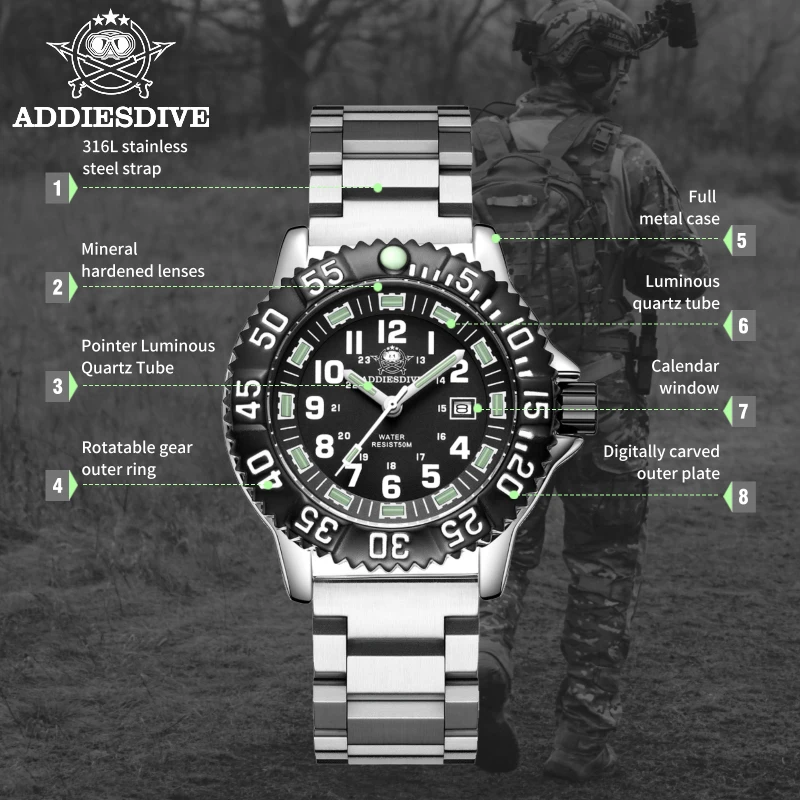 Relojes analógicos ADDIESDIVE a la moda para hombre, relojes de pulsera militares deportivos de nailon con tubo luminoso resistente al agua hasta 50m, reloj de cuarzo para hombre