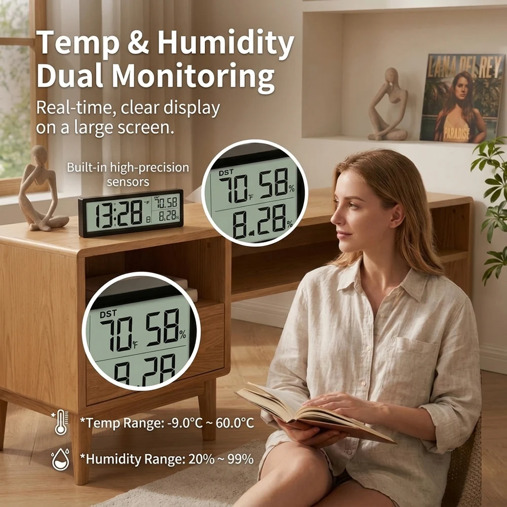 Reloj Despertador Digital con Temperatura, Humedad, Fecha y Día de la Semana, Reloj de Escritorio/Pared para Dormitorio, Hogar, Cocina, Funciona con Pilas, 8 Pulgadas