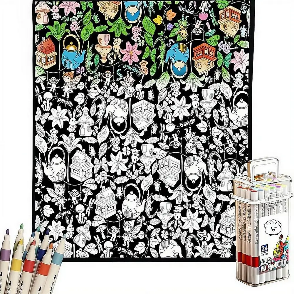 Manta para colorear DIY con 24 marcadores acrílicos de colores, diseño floral, manta de tela para pintar, para decoración de sofá, dormitorio, regalo.