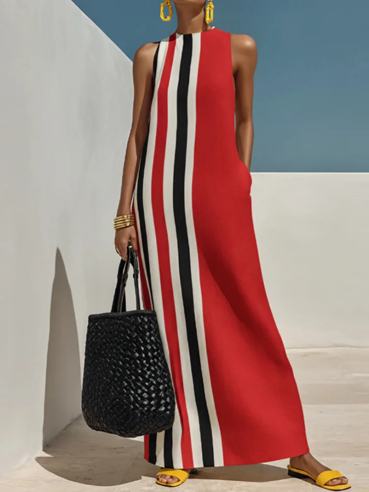 Vestido Maxi a Rayas con Cuello Redondo para Mujer, Vestido de Fiesta sin Mangas, Elegante y Sencillo, Vestidos de Verano para Mujer