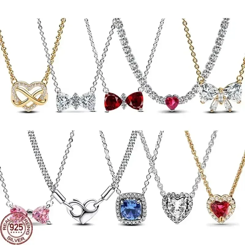 Nuevo collar de plata de ley 925 con colgante cuadrado brillante rosa y blanco en forma de corazón de melocotón
