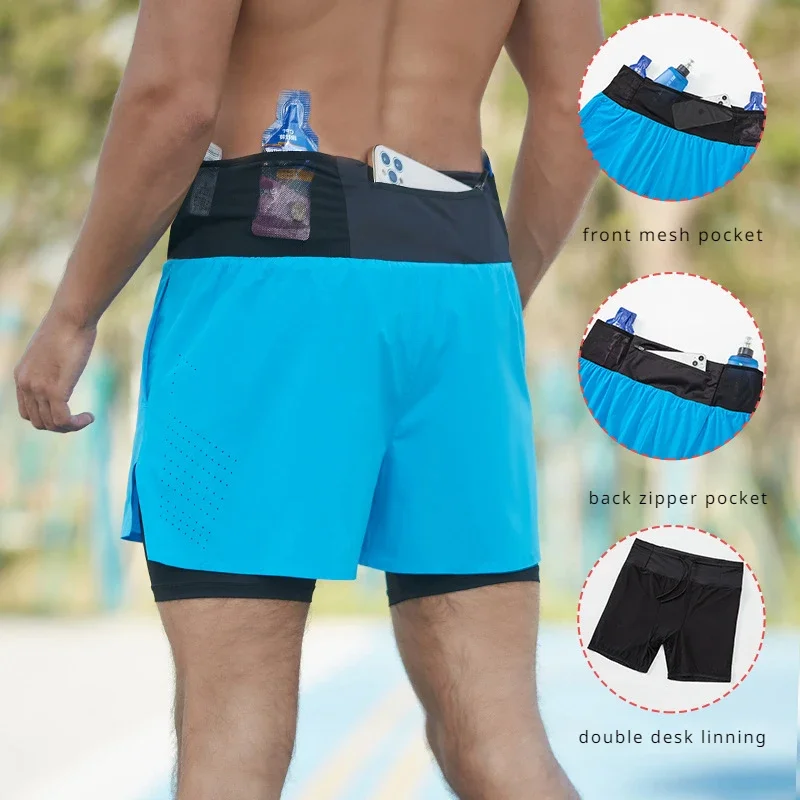 Pantalones cortos de doble cubierta para hombre, para correr, gimnasio, Fitness, correr, bolsillo de secado rápido, traning, trotar, entrenamiento