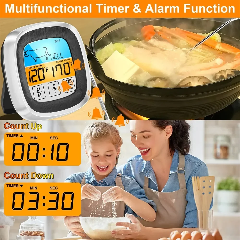 Termómetro Digital para cocina, sonda con pantalla táctil, herramienta de medición de temperatura de alimentos para barbacoa y carne, temporizador para barbacoa y carne, herramientas de cocina