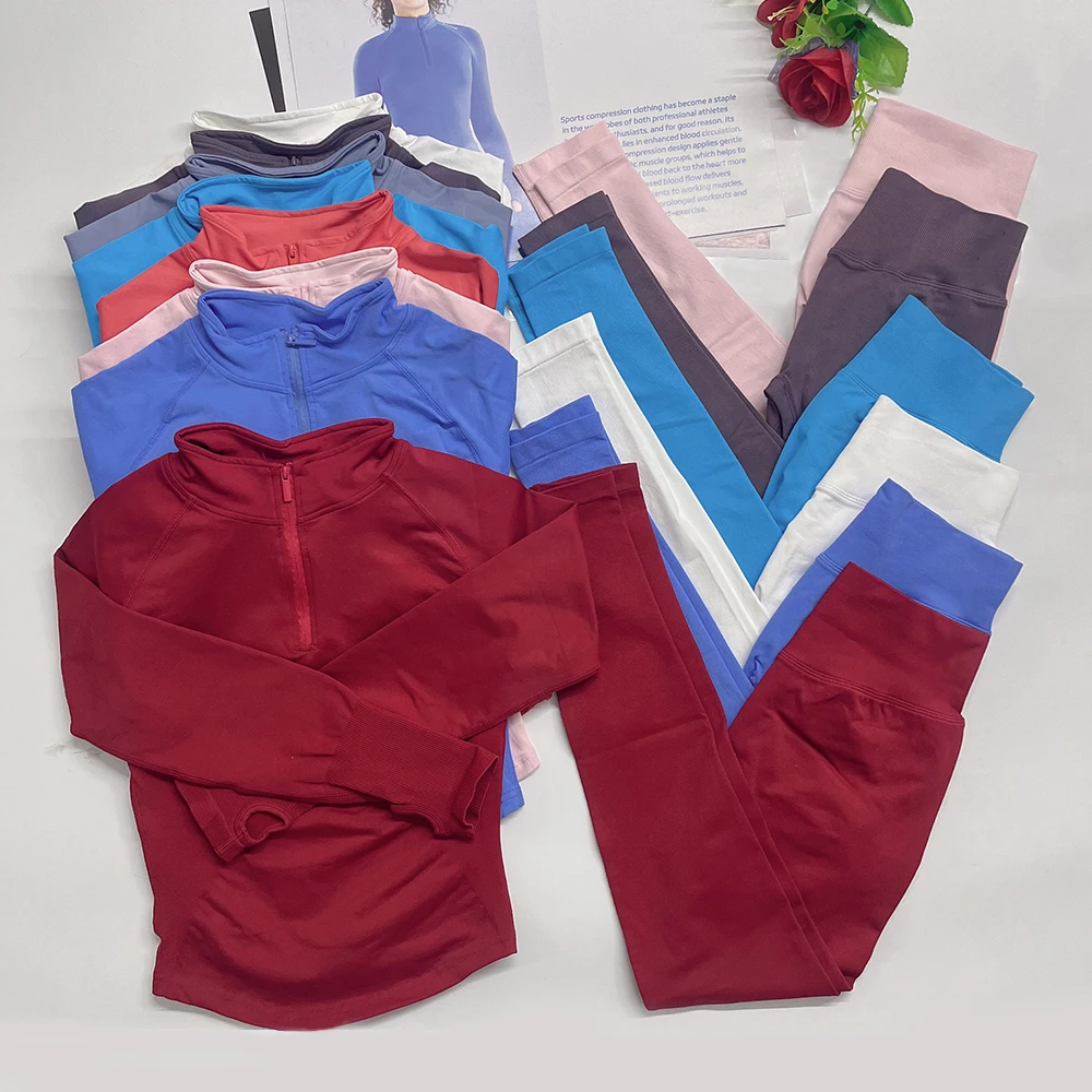 Top de gimnasio de manga larga con cierre parcial, leggings, camiseta para correr, conjuntos de yoga para mujer, ropa deportiva, conjunto de pantalones para entrenamiento de fitness en el gimnasio.