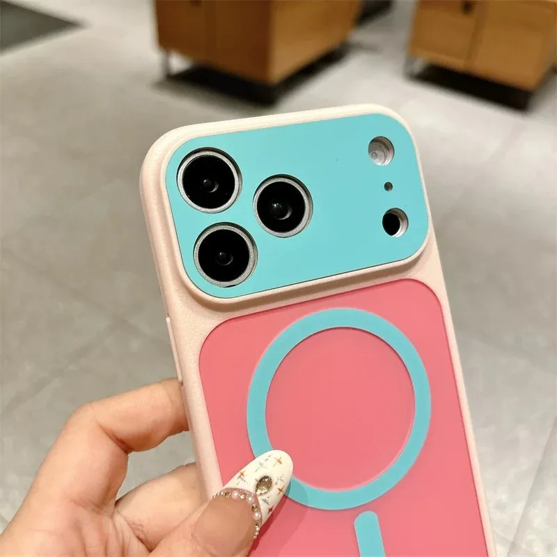 Funda Magnética de Lujo con Bloques de Color para iPhone 18 17 Pro Max 16 15 14 Plus 13 Pro 14 15 16 17, Compatible con Magsafe