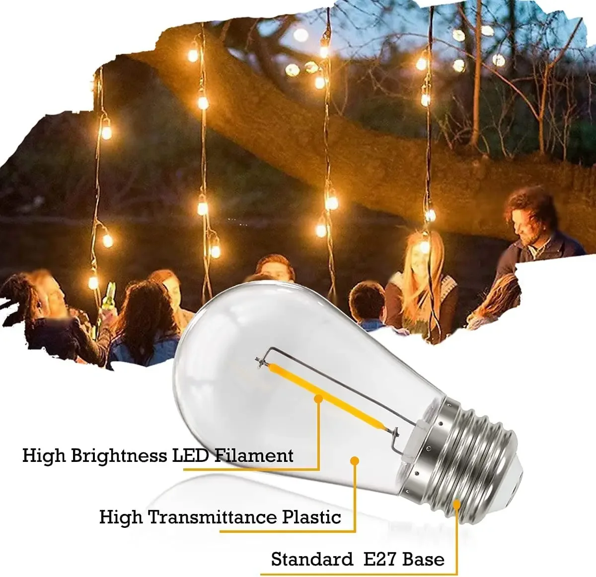 Paquete de 10 bombillas de bola COB de filamento regulable 5V 24V S14 1W blanco cálido cubierta de PC lámpara LED E27 para luces de cadena impermeables al aire libre