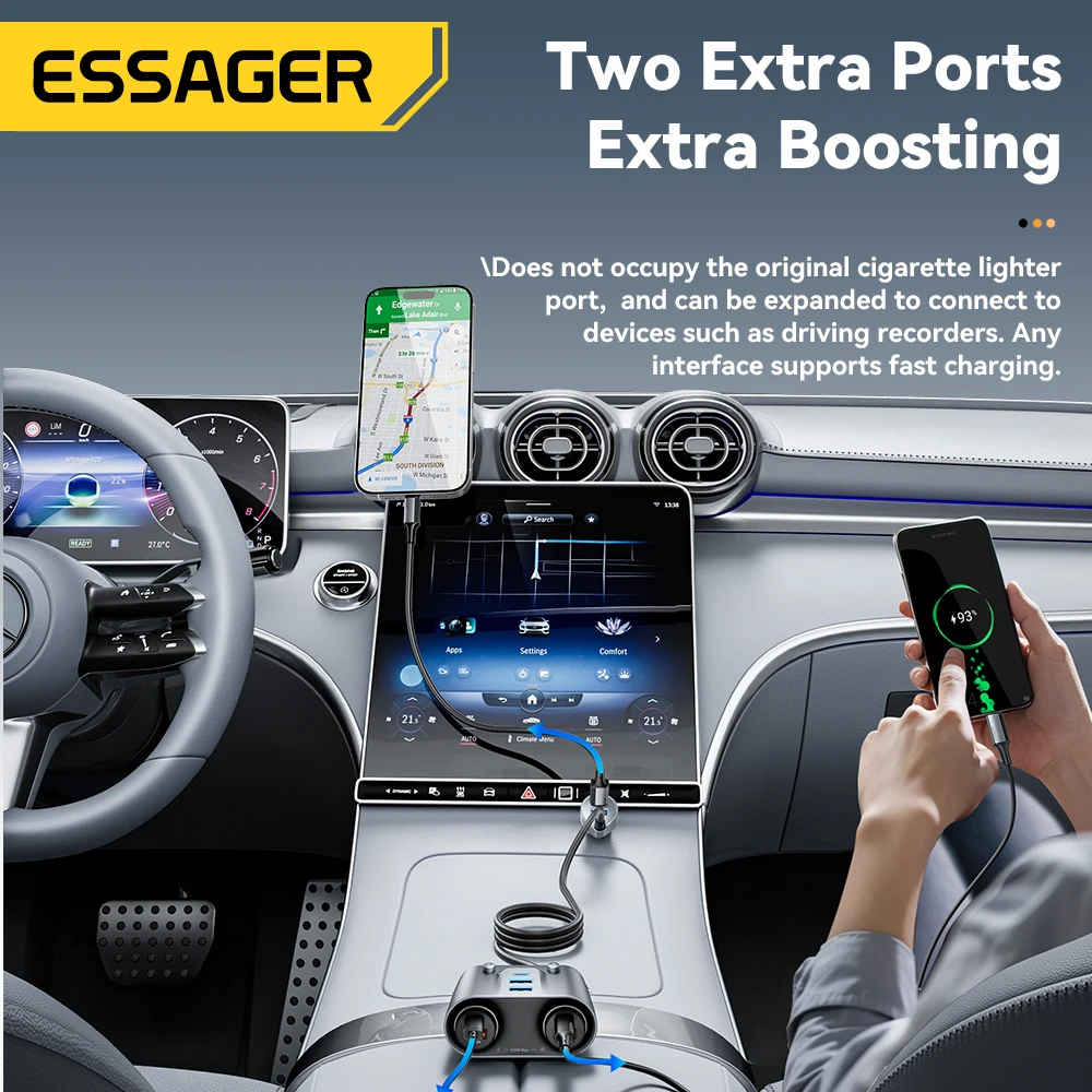 Essager-cargador de coche USB C de 150W, 2 en 1, 100W, divisor de encendedor de cigarrillos Dual, 5 puertos QC 3,0 PD 3,0, carga rápida para teléfono móvil