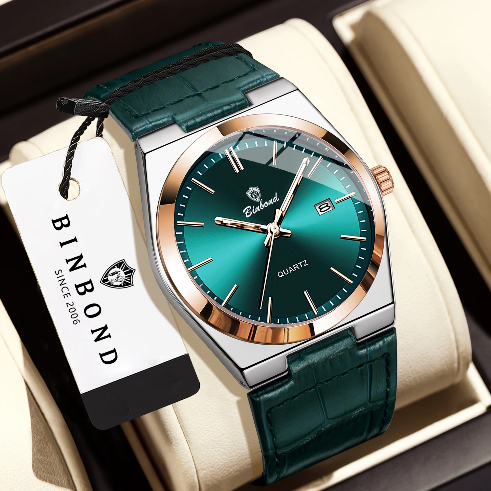 Relojes de Pulsera de Cuarzo de Lujo BINBOND, Luminosos, Resistentes al Agua, con Fecha Automática, Reloj de Hombre para Negocios, Deportes, Moda Casual, Reloj de Cuero