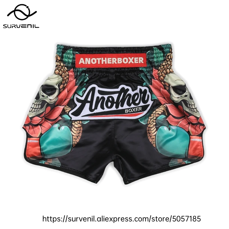 Pantalones cortos Muay Thai para hombres y mujeres, pantalones cortos de entrenamiento de lucha MMA transpirables, equipo deportivo de combate de secado rápido, pantalones cortos de boxeo sublimados con calavera