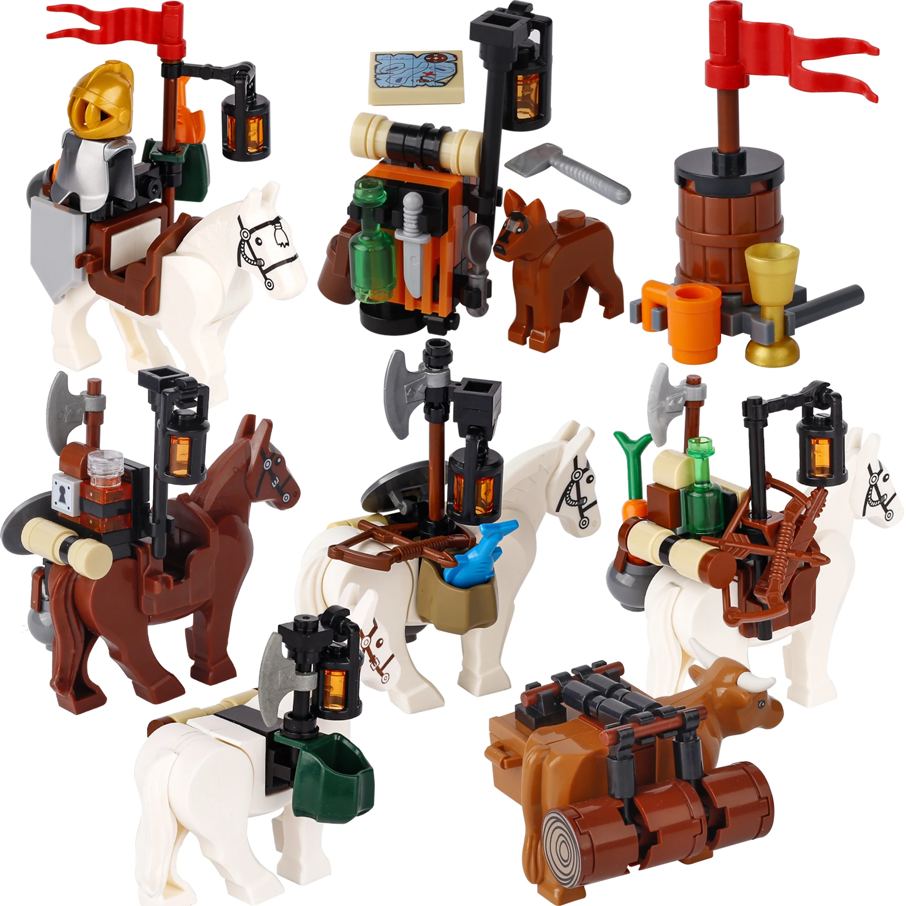 Tablero de anuncios MOC, bloques de construcción, fuente de granja de abejas, hoguera, estufa, ciudad Medieval, vista a la calle, puente de pared de agua, señal de carretera, juguete de ladrillo