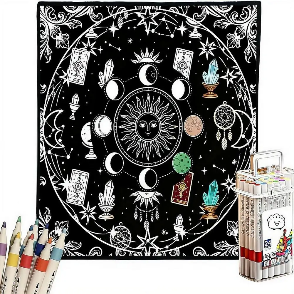 Manta para colorear DIY con 24 marcadores acrílicos de colores, diseño floral, manta de tela para pintar, para decoración de sofá, dormitorio, regalo.