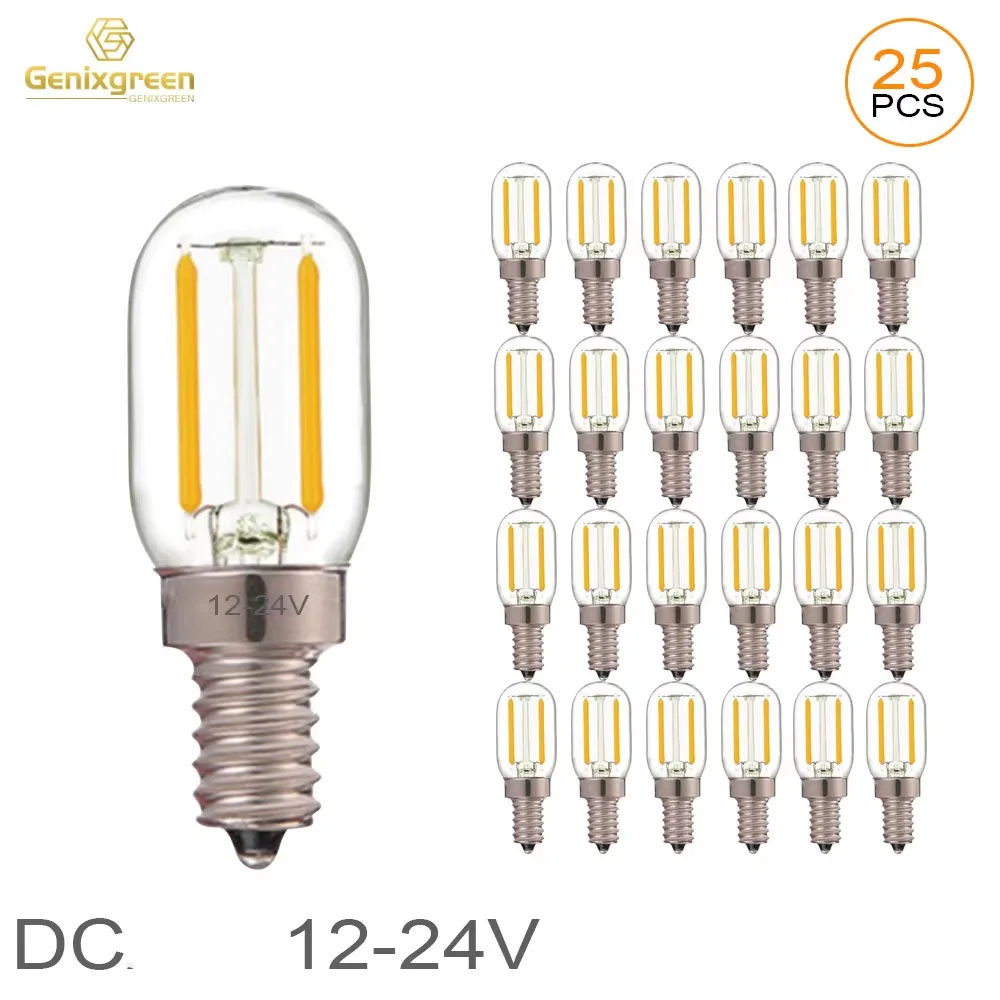 Bombilla LED Genixgreen DC 12V 24V E14 T22 1W de bajo voltaje, bombilla tubular de filamento, lámpara LED tipo candelabro E12, luces para habitaciones de autocaravanas y locomotoras.
