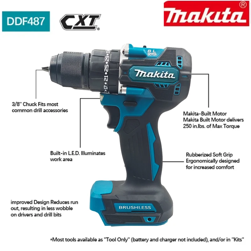 Taladro percutor inalámbrico Makita DDF487 de 10 mm sin escobillas de 18 V con batería de iones de litio, destornillador eléctrico de alto torque, batería Makita de 18 V