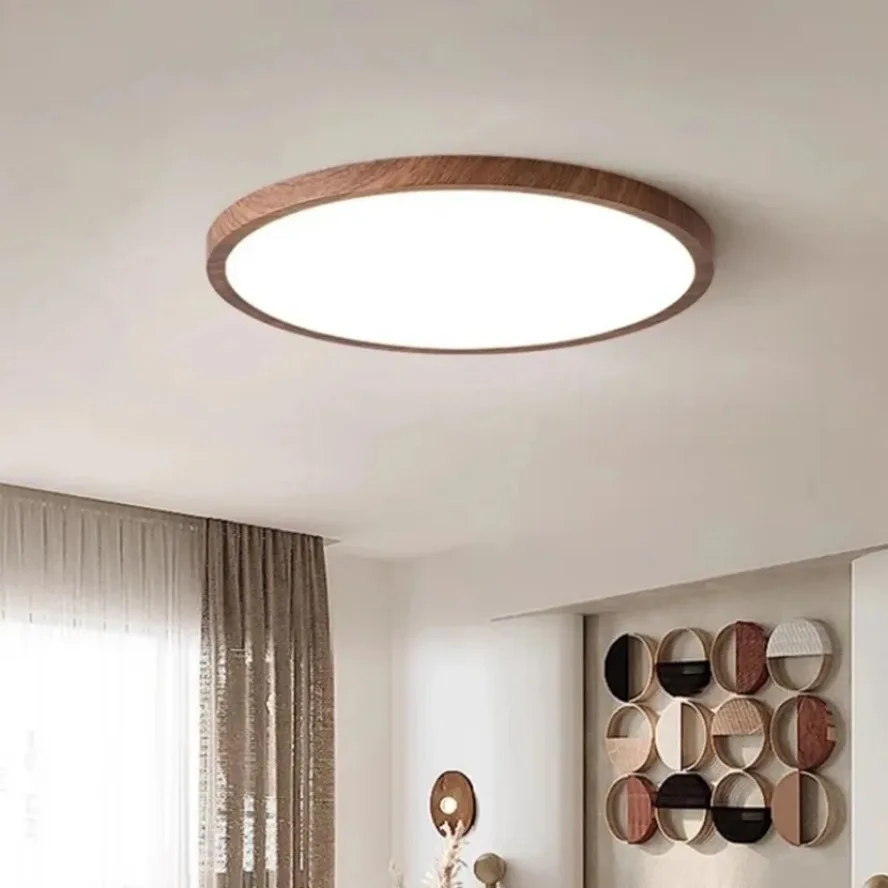 Lámpara de Techo LED Circular Moderna y Sencilla con Acabado en Madera de Nogal, Decorativa para Sala de Estar, Dormitorio, Balcón, Ultrafina