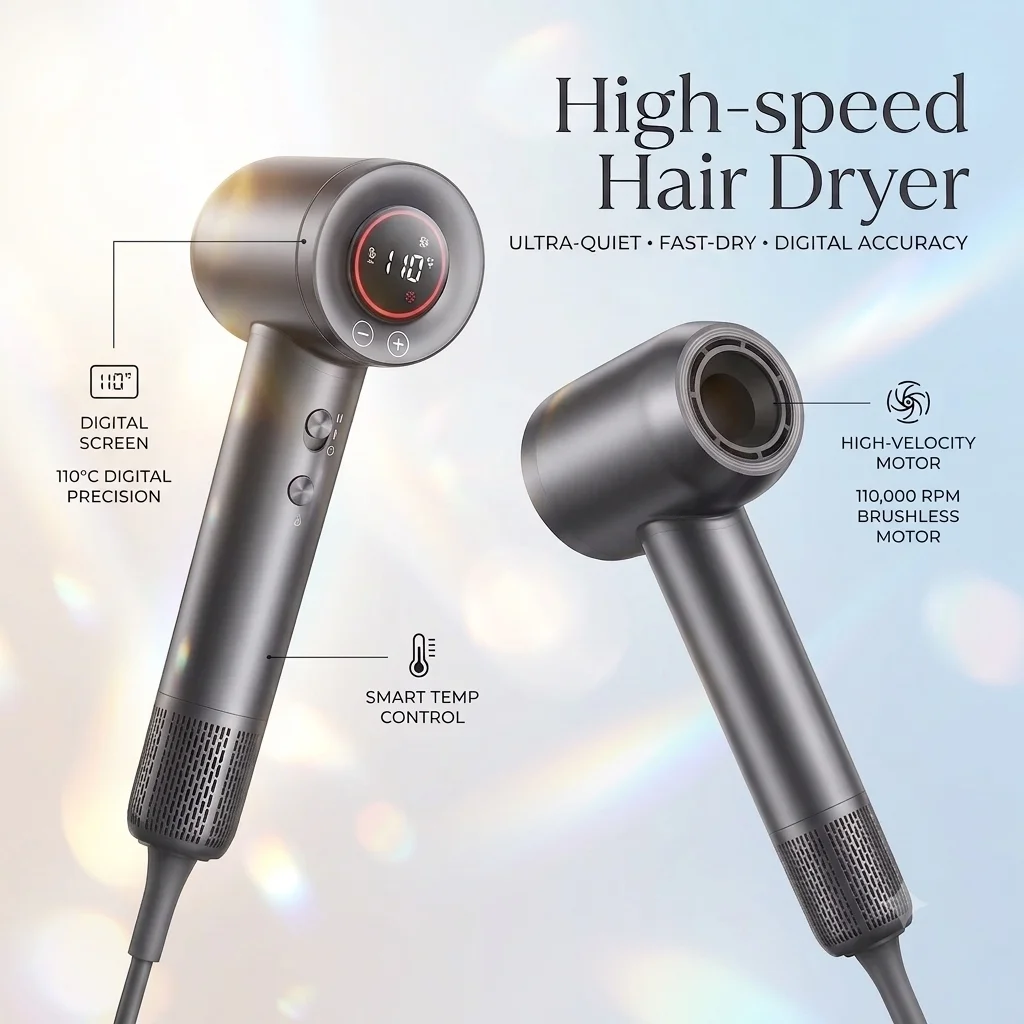 Secador de Pelo de Alta Velocidad 110000 RPM, Motor sin Escobillas de Bajo Ruido, Control de 5 Velocidades con Difusor Magnético y Boquilla, Ideal para Viajes y Salones, Regalo Perfecto para Mujeres