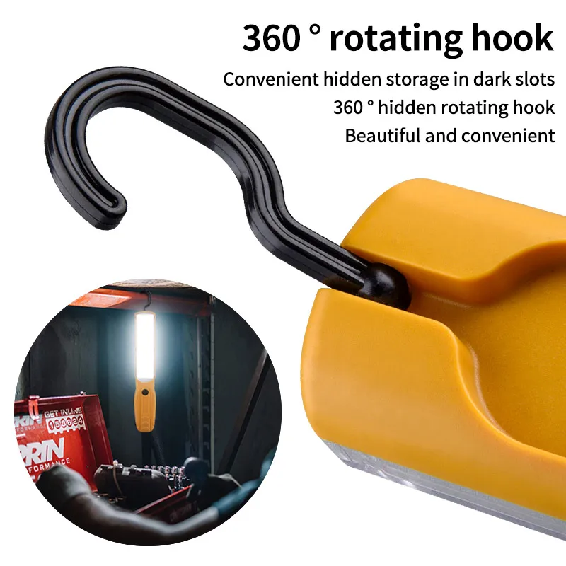 Luz de trabajo LED COB fuerte, reflector de mano, recargable por USB, portátil, para reparación de acampada, linterna de emergencia con gancho magnético