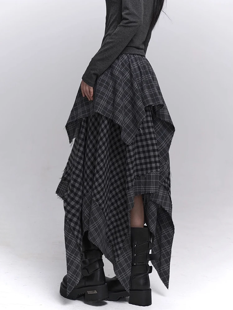 REDDACHiC Acubi falda asimétrica a cuadros a la moda Alt Goth cintura elástica puntada borde crudo falda larga fluida de talla grande pantalones de mujer