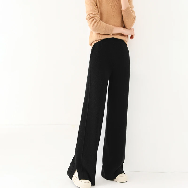 Pantalones de lana de cintura alta para mujer 2024, de ajuste holgado, de cachemira tejida, de pierna ancha, largos hasta el suelo, a la moda, ¡los más vendidos!