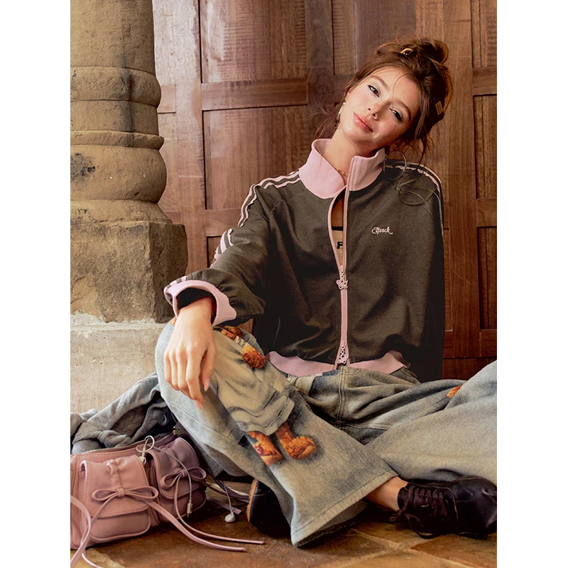 ELFSACK Chaqueta corta con cremallera para mujer, con mangas a rayas en contraste, ropa exterior con cuello alto para otoño, linda camiseta deportiva