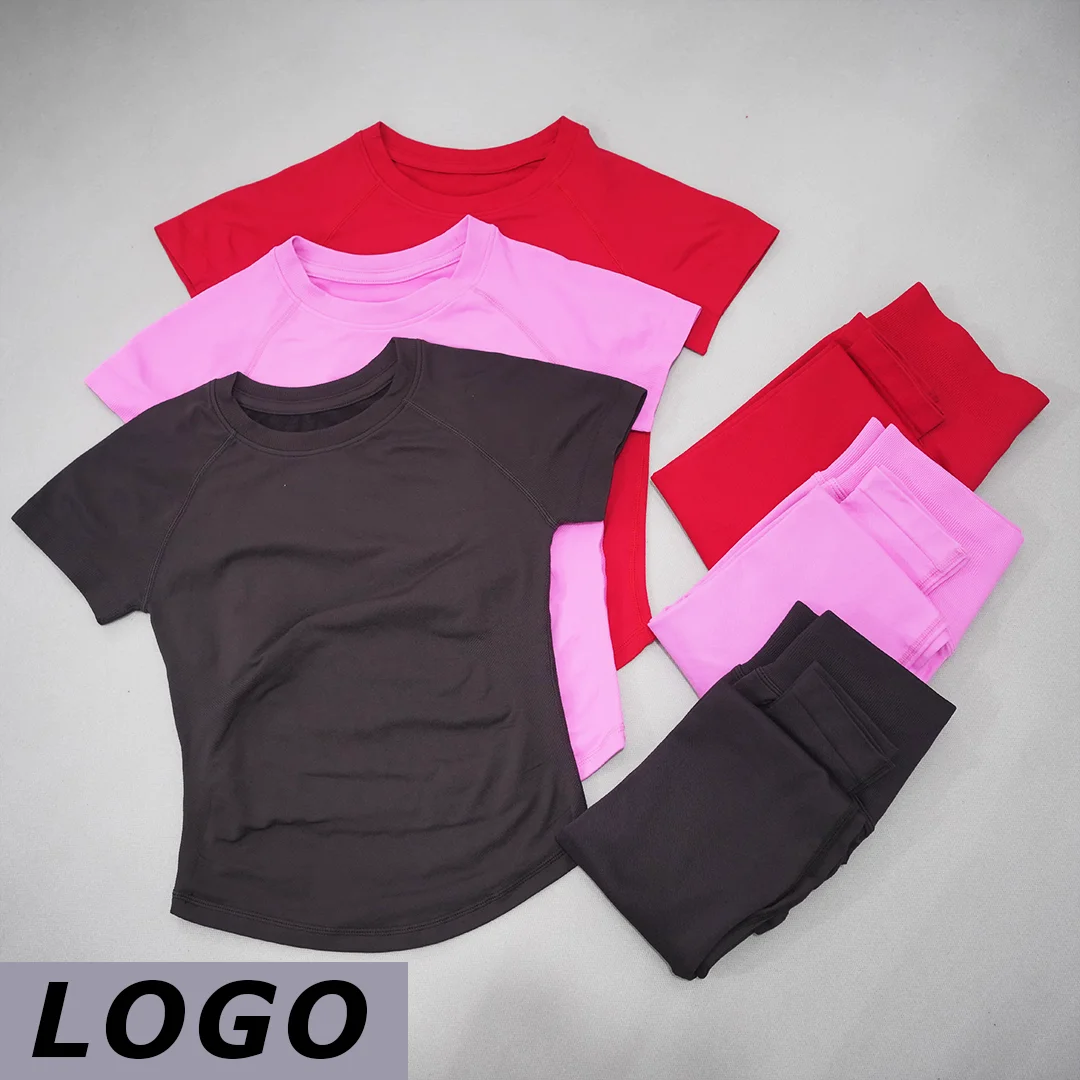 Conjunto de Yoga para Mujer DF de Dos Piezas, Top de Yoga de Manga Corta Sin Costuras, Pantalones Deportivos Adelgazantes, Traje Deportivo Transpirable para Gimnasio y Fitness