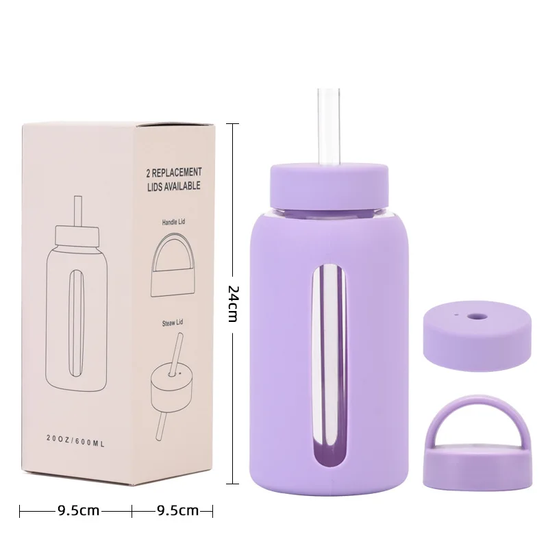 Taza de vidrio de 600ml, tapas dobles, funda de silicona, aislamiento térmico anticaliente, gran capacidad, portátil para exteriores, botella de agua graduada, taza