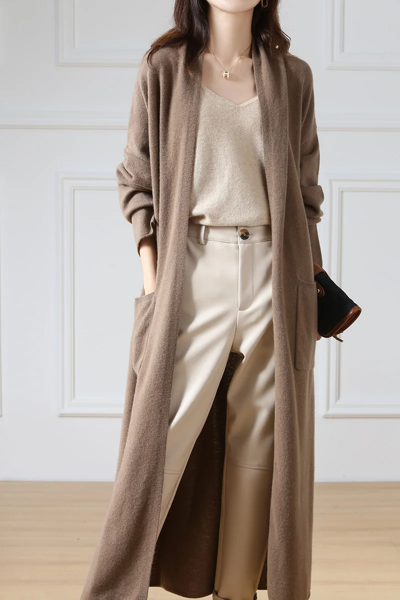 Gran oferta Otoño Invierno nuevo cárdigan de lana de 100% suéter de mujer con cuello en V sólido moda larga femenina suelta suave abrigo de punto de gran tamaño