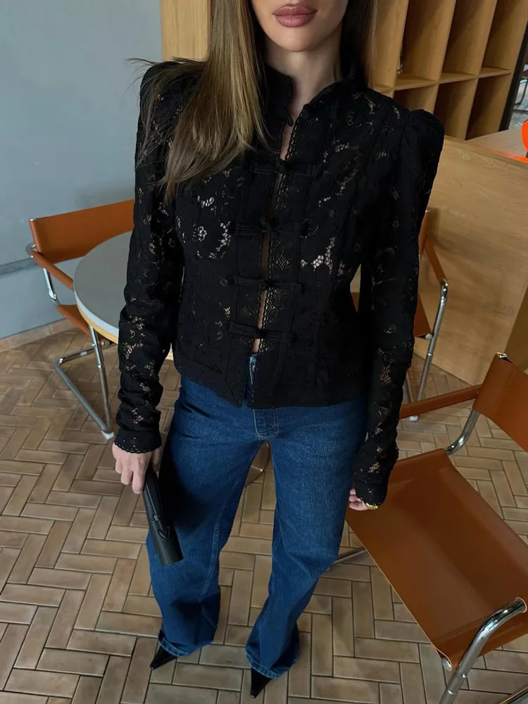 Tossy-camisas con estampado de encaje para mujer, Tops calados a la moda para ir al trabajo, blusa transparente Vintage, camisas de encogimiento de hombros de encaje para mujer, novedad