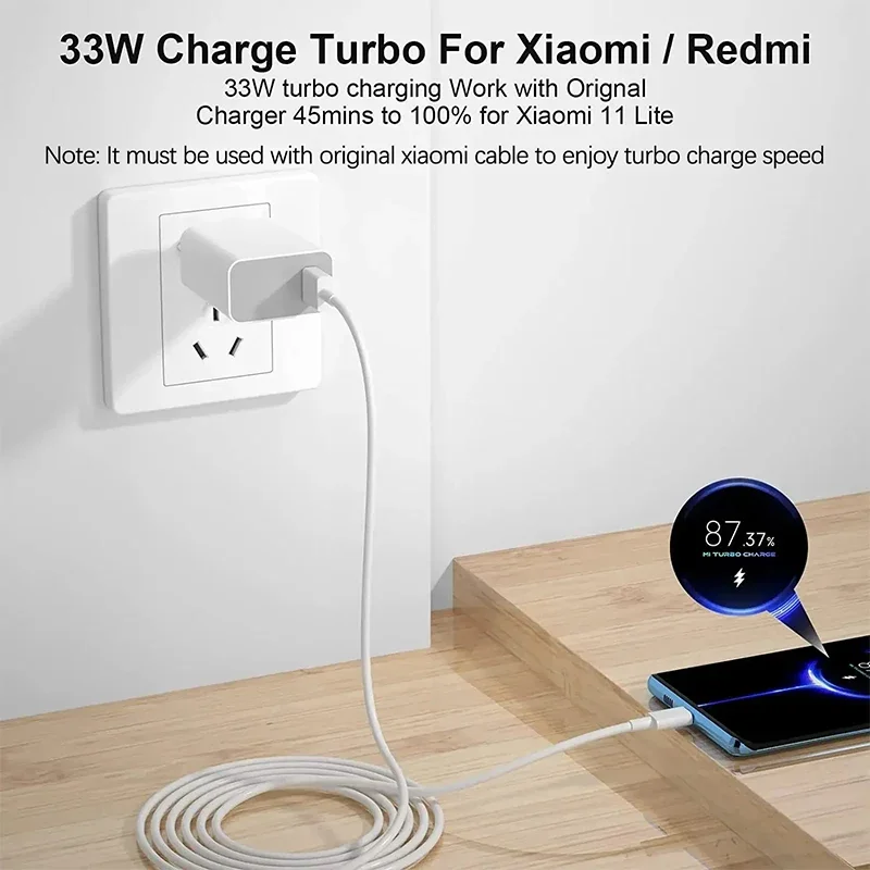 Cargador Xiaomi 33W QC 3,0 carga rápida 6A carga Turbo rápida adaptador de cargador de teléfono móvil Cable USB tipo C para Samsung Xiaomi