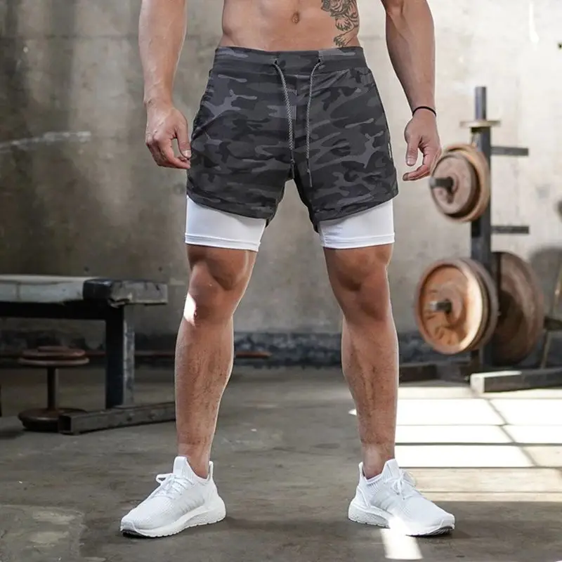 Pantalones cortos para correr 2 en 1 para hombre, pantalones cortos de entrenamiento deportivo para Fitness, pantalones cortos transpirables de secado rápido de doble capa para verano, pantalones cortos de gimnasio para playa para hombre