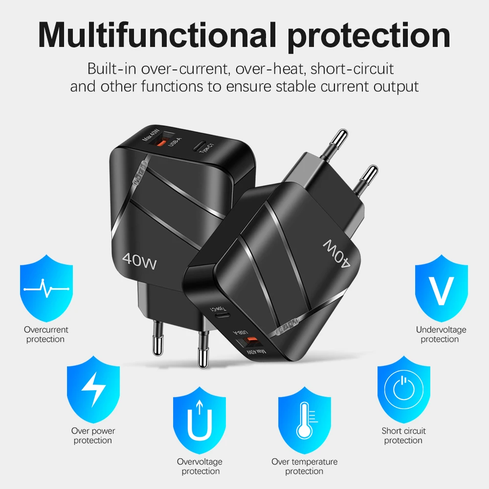 Total 40W PD USB C cargador carga rápida QC 3,0 adaptador de cargador de pared para iPhone 14 13 Samsung Xiaomi cargador USB carga rápida