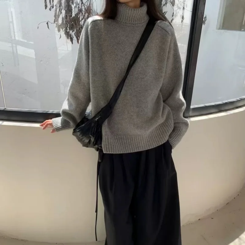 Suéter de lana de cuello alto para mujer, jersey de Cachemira holgado informal de manga larga, Top básico de moda de punto, jersey de calidad cálida de gran tamaño