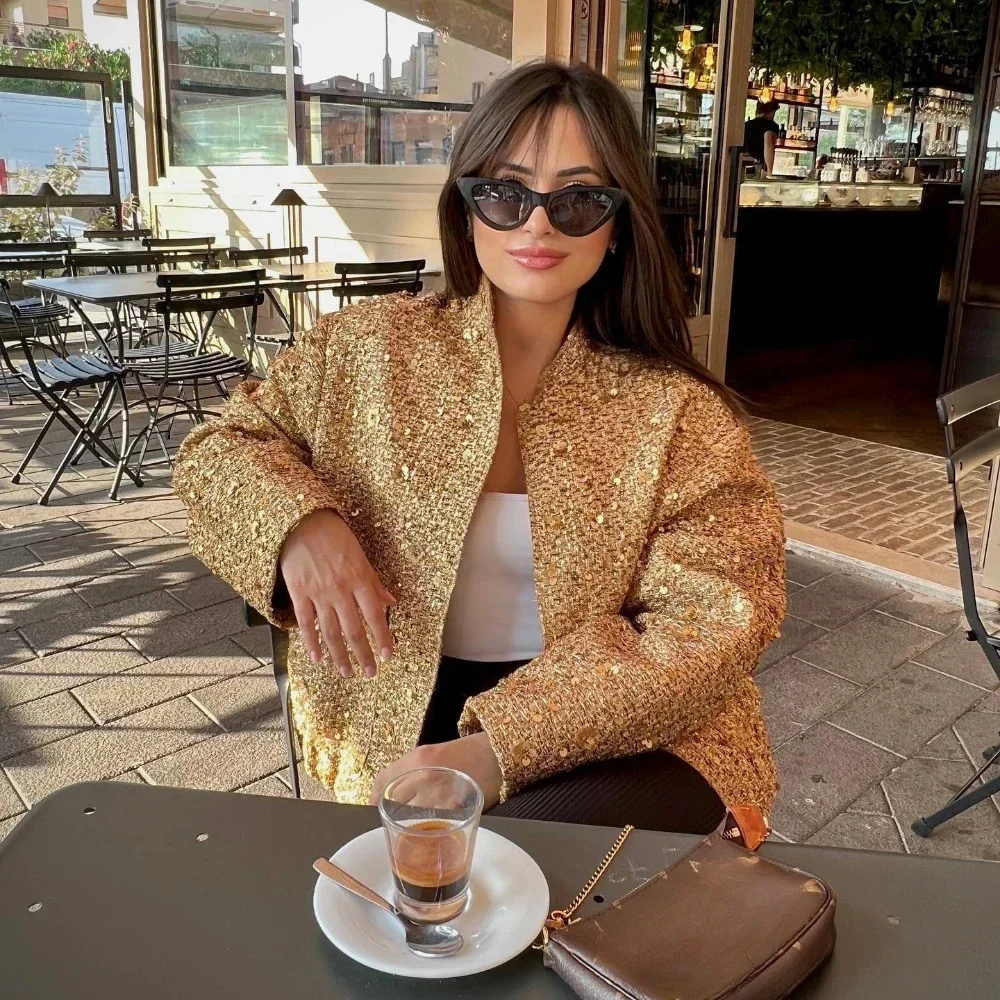 Suninheart, chaqueta Bomber con lentejuelas para mujer, otoño, cuello redondo, manga larga, bolsillo, dobladillo elástico, chaqueta con lentejuelas, abrigo, ropa de abrigo elegante para mujer