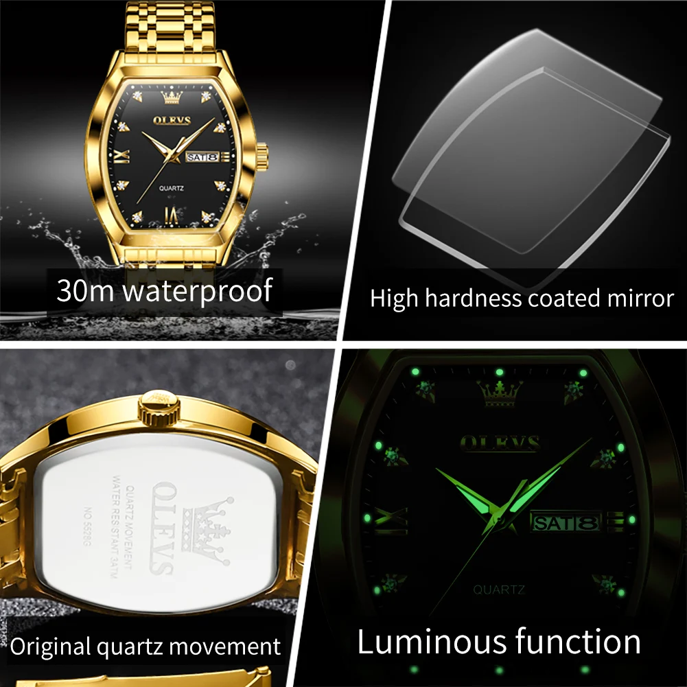 Relojes OLEVS para hombre, reloj de cuarzo Original Tonneau de lujo de la mejor marca para hombre, reloj de pulsera luminoso resistente al agua con fecha semanal para hombre