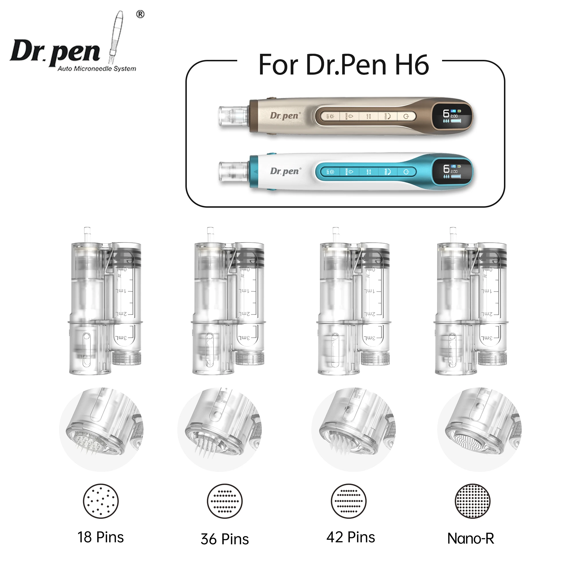 10 piezas Dr. Cartucho de aguja redonda Nano H6 de 18, 36 y 42 pines para pluma de microneedling H6, kit de agujas de repuesto ≤0.25mm
