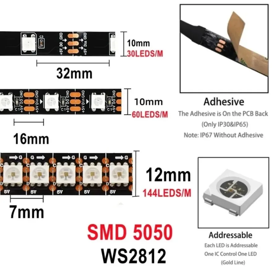 Tira de LED Inteligente RGBIC WS2812B 5050 DC5V, Direccionable Individualmente, IC 30/60/144LEDs/M, PCB Negro/Blanco, IP30 IP67, Lámpara Impermeable