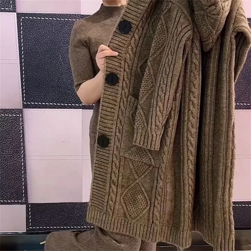 Primavera otoño 2024 nuevo cárdigan con giros de Jacquard suéter de talla grande para mujer largo con capucha de un solo pecho cárdigan de punto abrigo M-5XL